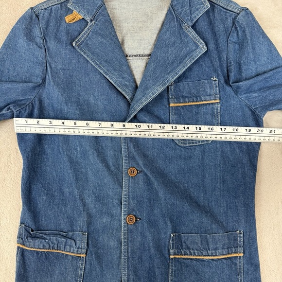Outlooks Blue 70s Vtg Denim Jacket Womens Sz L Elbow Patches Tailored Buckle USA - Picture 8 of 13